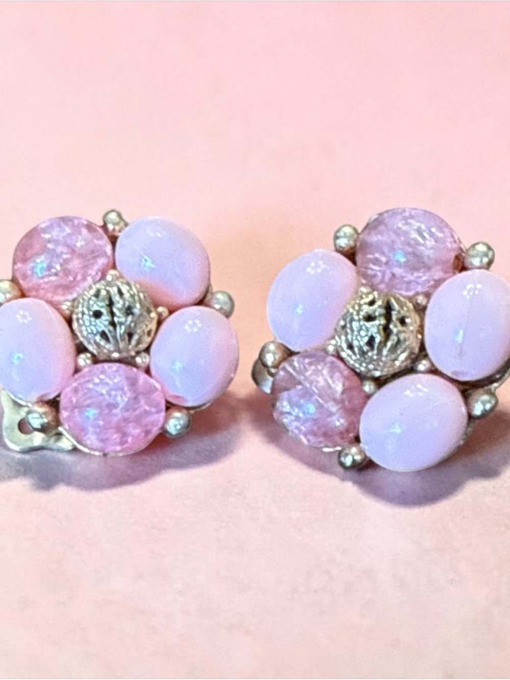 Vintage Pink Crackle Glass Cabochon Cluster Clip On Earrings Gold Tone MCM